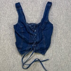 Lone‎ Star Denim Lace Up Corset Crop Top Medium Blue 100% Cotton Smocked Back